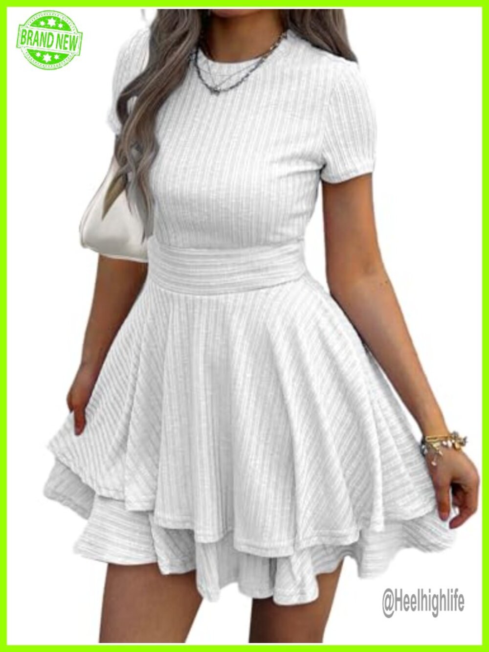 Evzeiem Womens Crochet Knit Mini Sundress Short Sleeve Tiered Ruffle